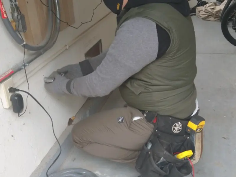 Electrician performing outlet wiring in a Simsbury garage